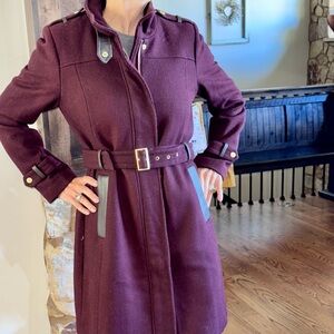 Cole Haan Women’s Belted Long Sleeve Wool Blend Coat - Bordeaux/Wine